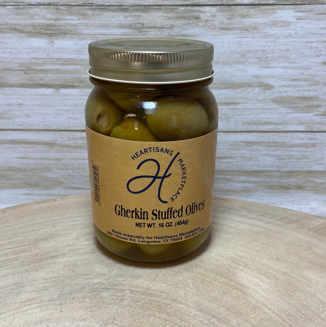 Gherkin Stuffed Olives, 16 oz. Heartisans Marketplace