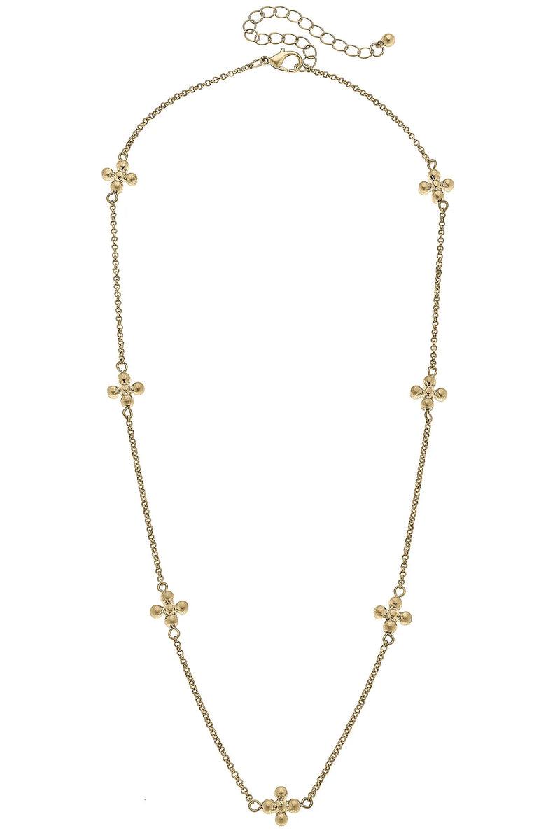 Wren Delicate Cross Station Necklace in Worn Gold