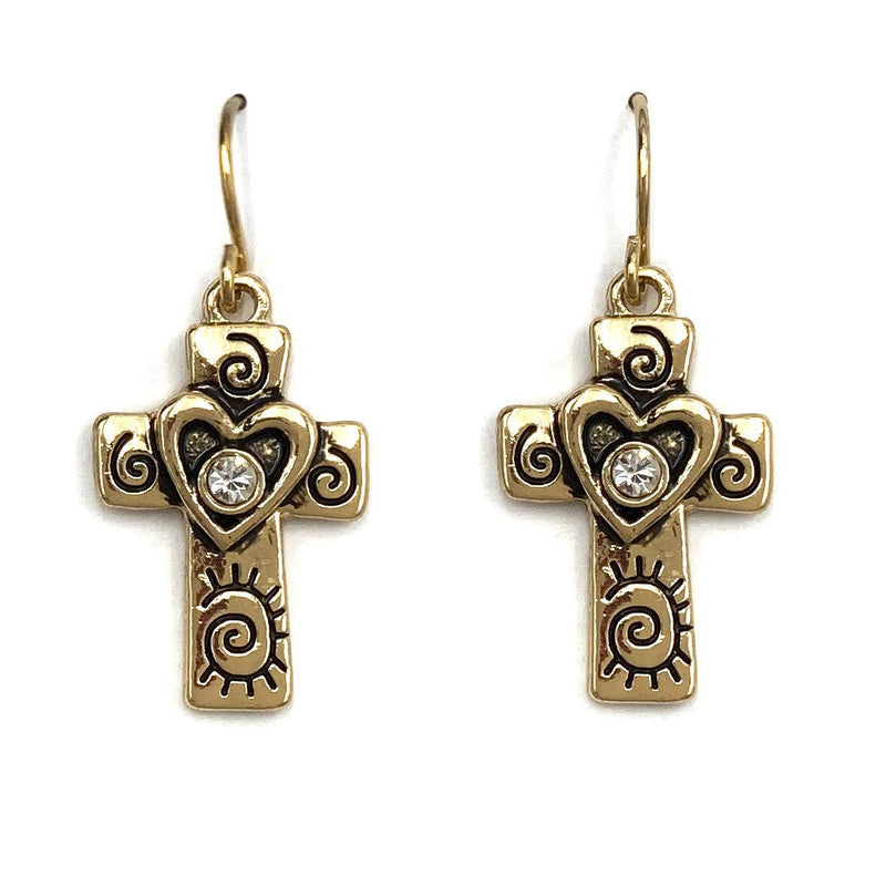 Cross with Heart Rhinestone Earrings