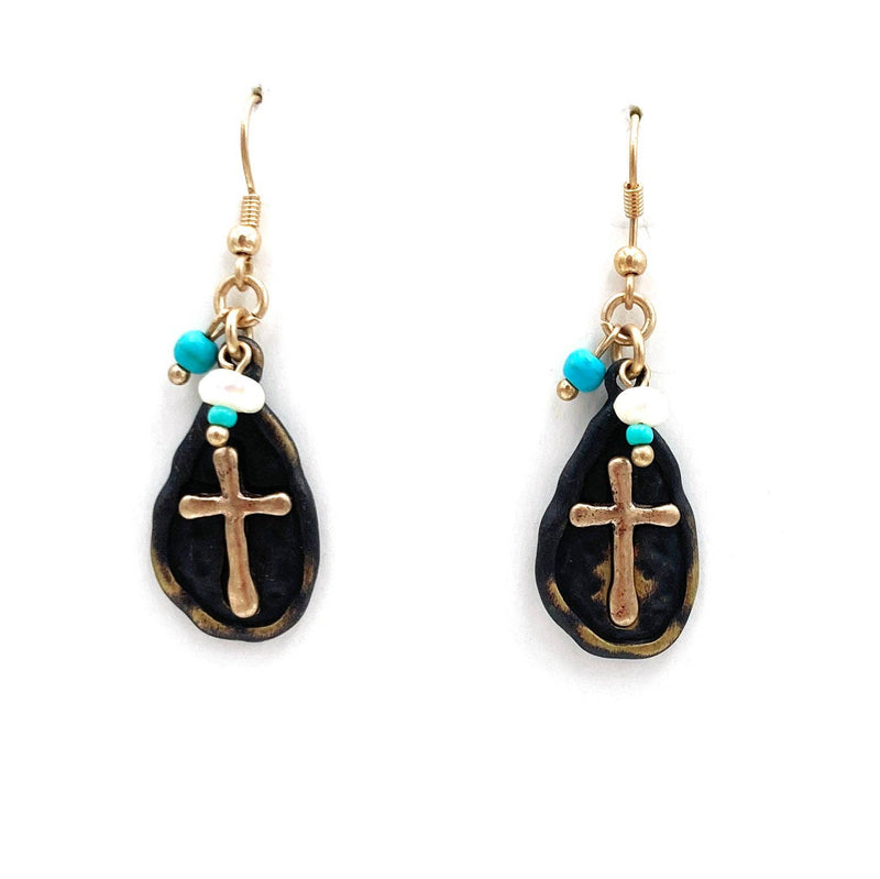 Western Cross Hammered Dangle Hook Earring