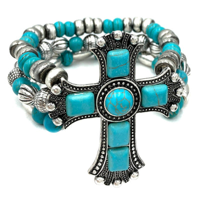 Large Cross Turquoise Stone Western Chunky Beaded Bracelet