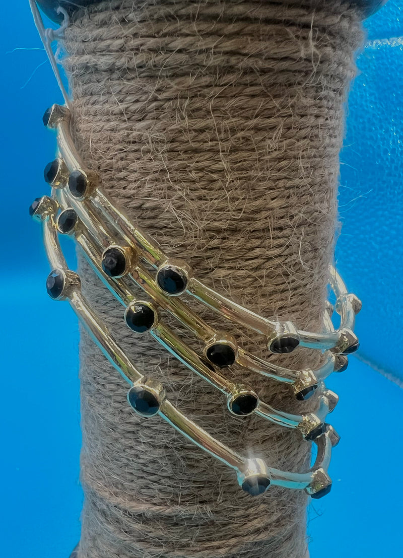 Gold Bangle Bracelet with Black Rhinestones