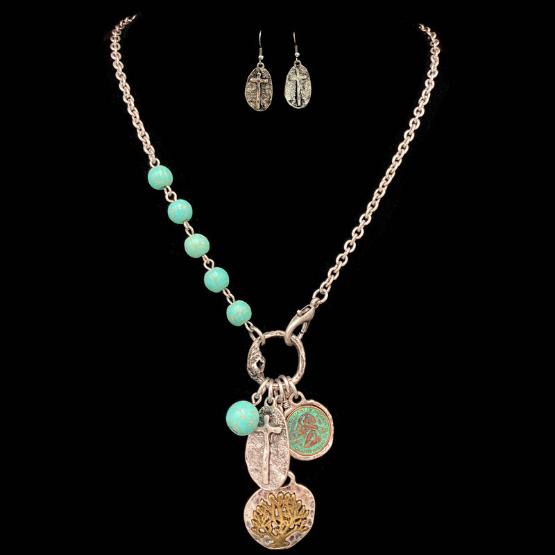 Western Cross Charms Turquoise Beads Necklace Earring Set