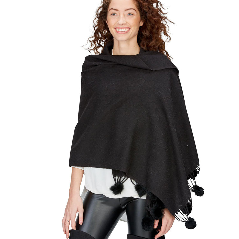 Cashmere-Feel Scarf with Tassels and Fur Pom Poms