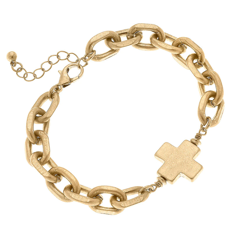 Edith Square Cross Chunky Chain Bracelet in Worn Gold